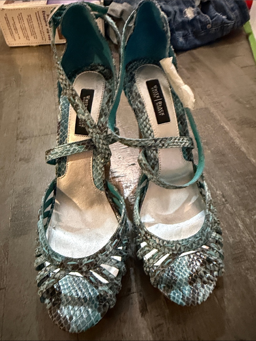 Vince Camuto Teal Snake-Print Strappy Heels